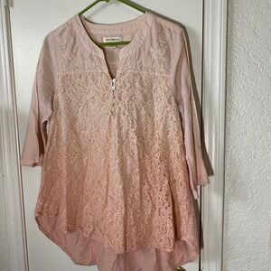 April Cornell Tunic Top Pink Floral Embroidery Lace 3/4 Sleeve Medium